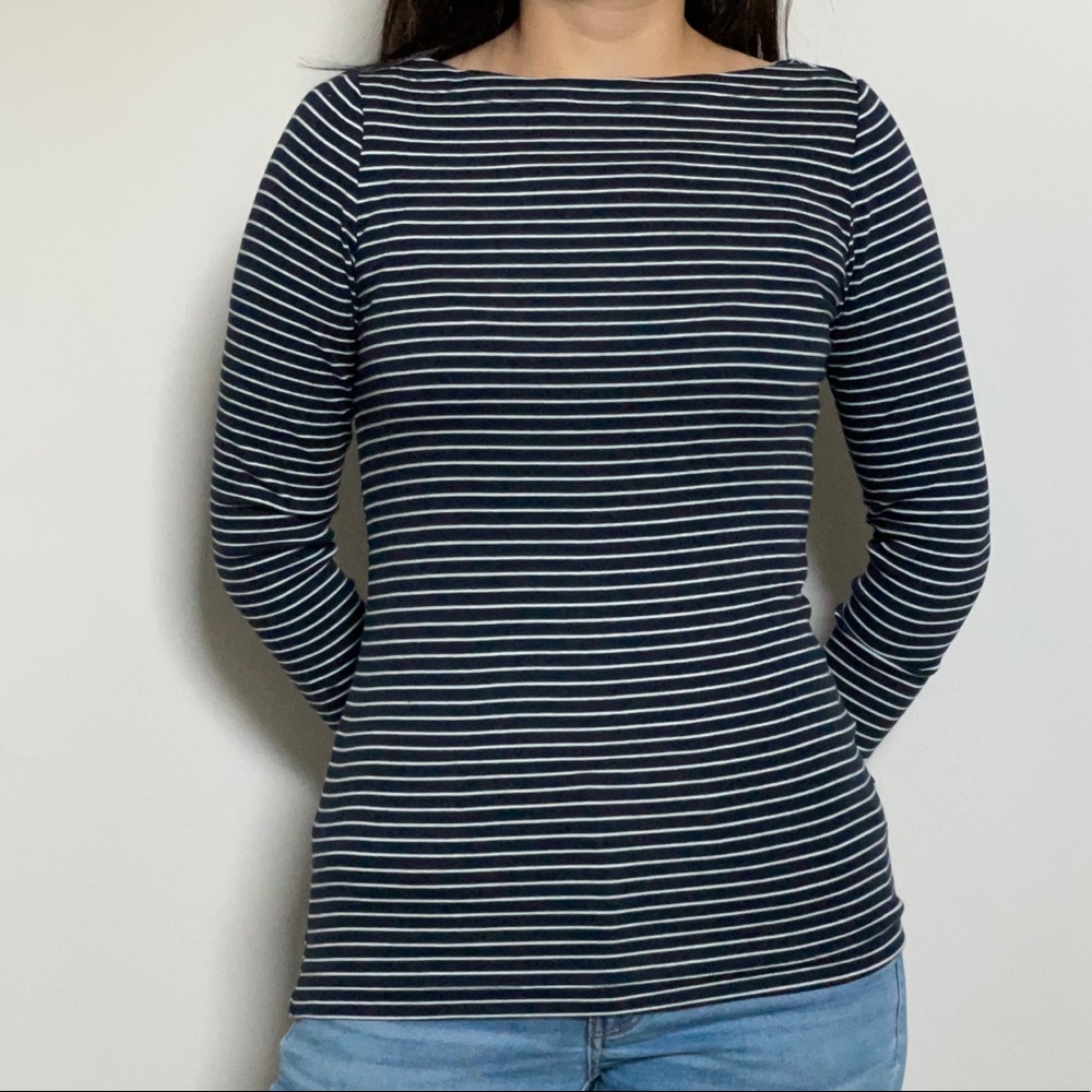 Gap Navy Blue and White Stripe Long Sleeve Top with Boat Neck Collar Size XS